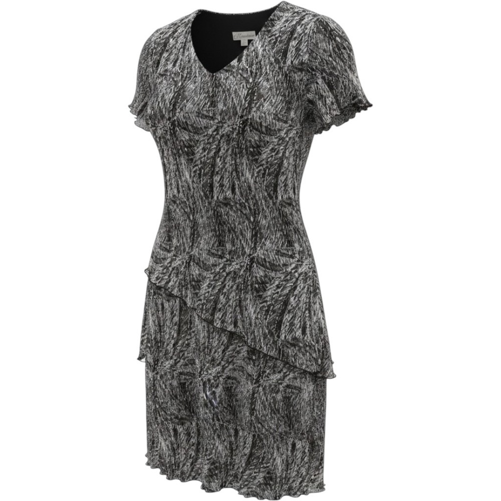 Monsoon Gray Black Abstract Tiered Ruffle Midi Dress V-Neck Short Sleeve Size 14